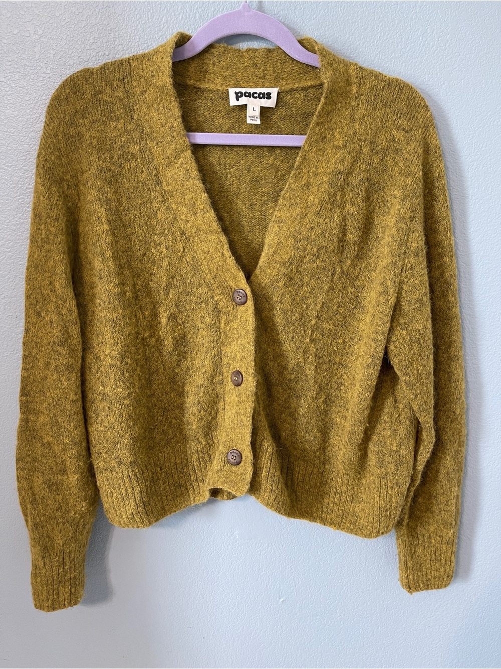 Pacas Womens L Alpaca Wool Cardigan Sweater Mustard Olive Button Front Cozy